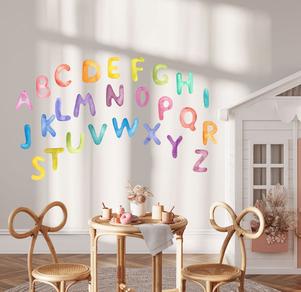 Colorful alphabet letters in rainbow colors - educational wall decals for learning and decorating kids rooms by Igibee