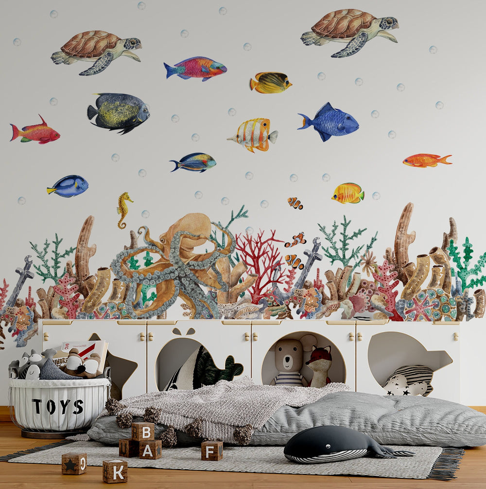 Colorful coral reef creatures wall decals - tropical sea animals for nursery decoration by Igibee