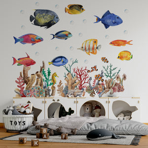 Colorful lagoon coral reef wall stickers - vibrant sea animals nursery decor set by Igibee