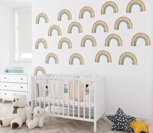 Colorful mini rainbows nursery decor - 20 piece peel and stick wall decal set for kids room by Igibee