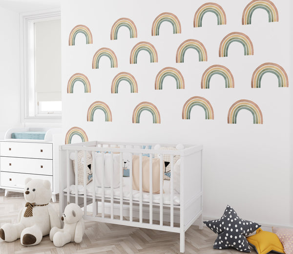 Colorful mini rainbows nursery decor - 20 piece peel and stick wall decal set for kids room by Igibee