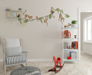 Colorful parrots with happy monkeys wall stickers – vibrant African jungle peel and stick decals for nursery by Igibee