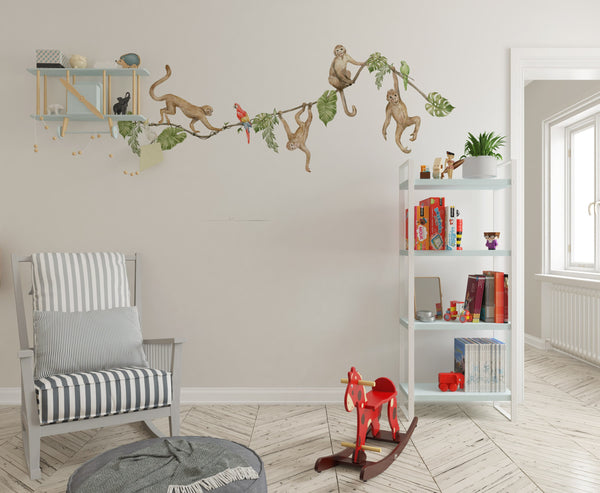 Colorful parrots with happy monkeys wall stickers – vibrant African jungle peel and stick decals for nursery by Igibee