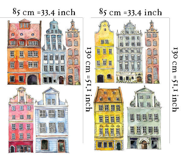 Colorful town houses wall decals - educational adventure set for learning and play in kids room by Igibee