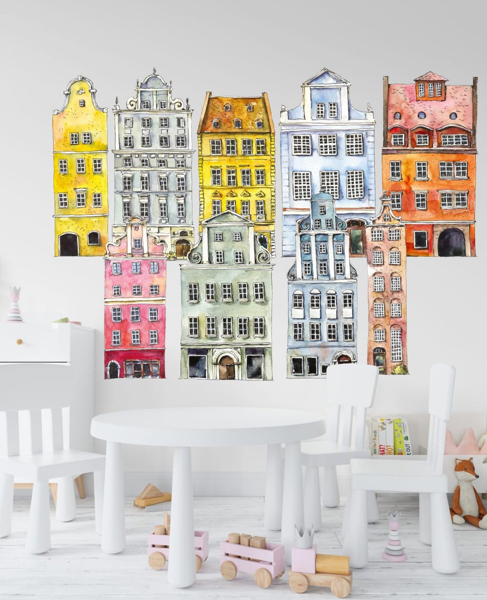 Colorful townhouses cityscape wall decals - educational adventure set for kids room by Igibee