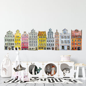 Educational cityscape wall decal with colorful townhouses - adventure themed nursery decor by Igibee
