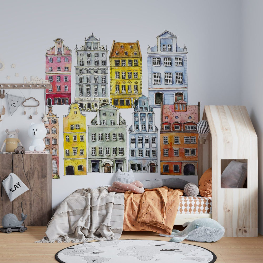 Colorful townhouses cityscape wall decals - educational adventure set for kids room by Igibee
