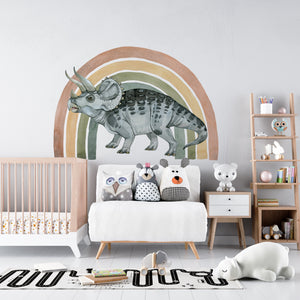 Colorful triceratops with rainbow dinosaur wall decals - vibrant nursery decoration stickers by Igibee