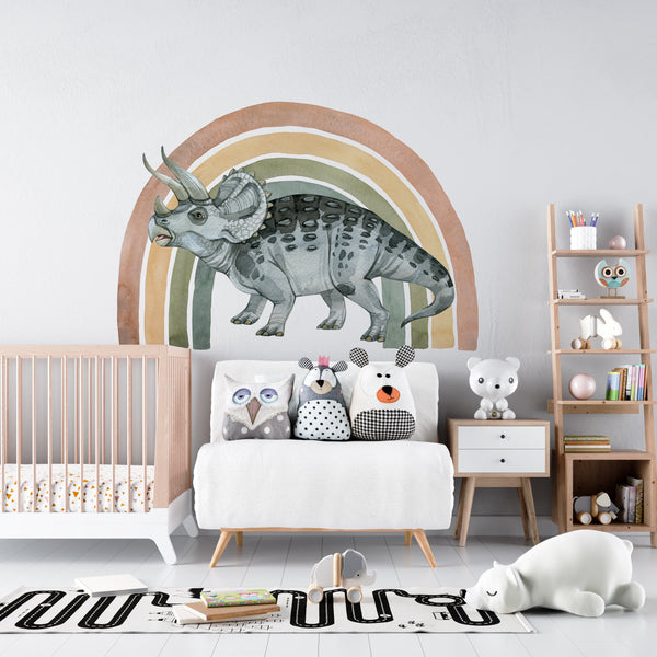 Colorful triceratops with rainbow dinosaur wall decals - vibrant nursery decoration stickers by Igibee