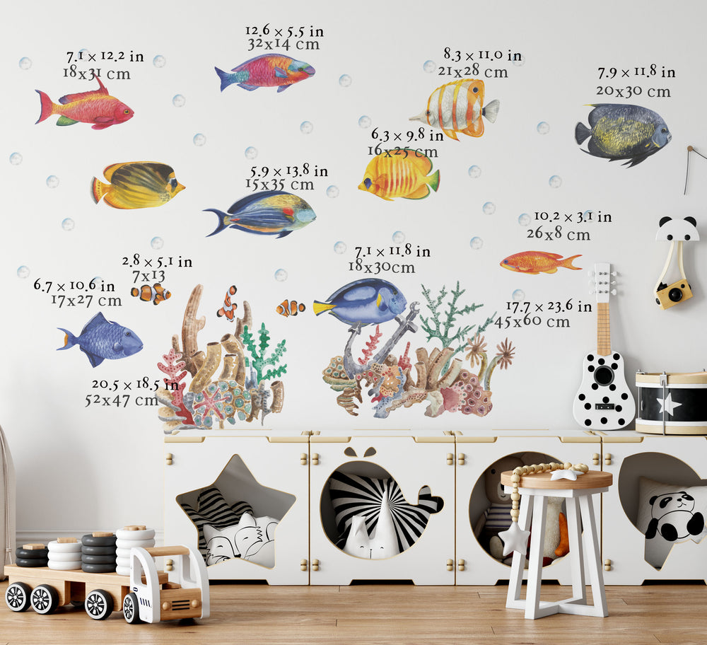 Colorful lagoon coral reef wall stickers - vibrant sea animals nursery decor set by Igibee