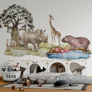 Curious meerkats with rhinoceros, hippo, giraffe and flamingos – sweet African safari wall sticker set for nursery by Igibee