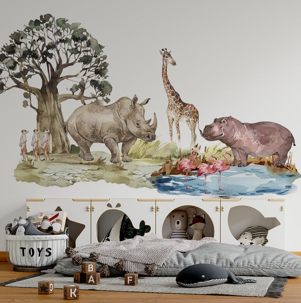 Curious meerkats with rhinoceros, hippo, giraffe and flamingos – sweet African safari wall sticker set for nursery by Igibee