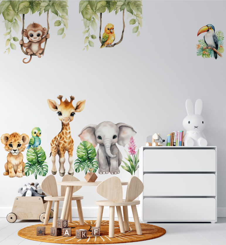 Cute Animals from Africa safari wall decals – monkey, giraffe, elephant, , peel and stick by Igibee