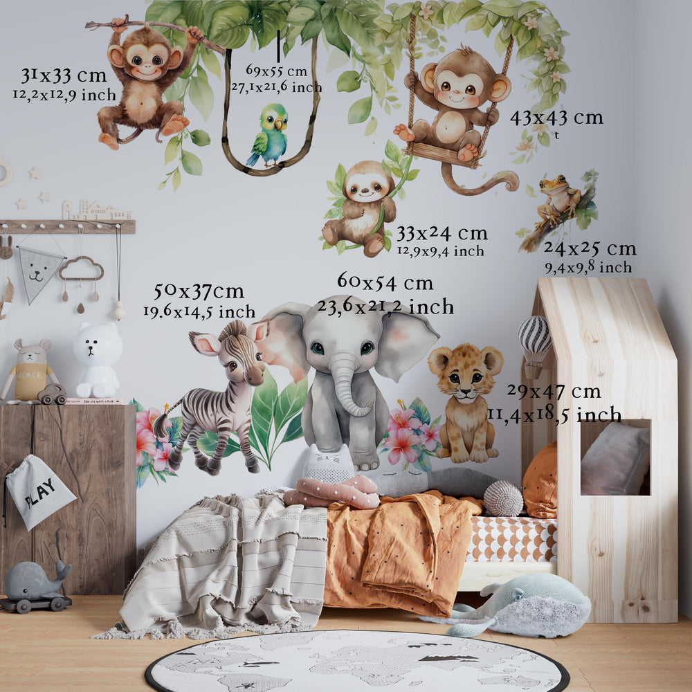Sweet African Animals wall stickers set with monkeys, baby elephant and zebra – gentle peel and stick safari nursery decor by Igibee