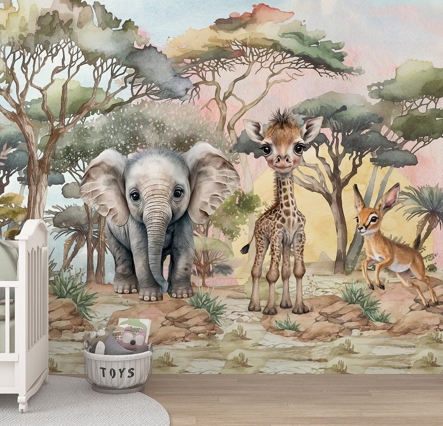 Cuties from Africa elephant and giraffe children's wall mural - adorable safari nursery wallpaper by Igibee