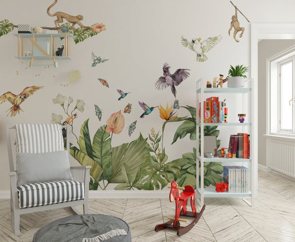 Exotic jungle wall stickers with parrots, large leaves and monkeys