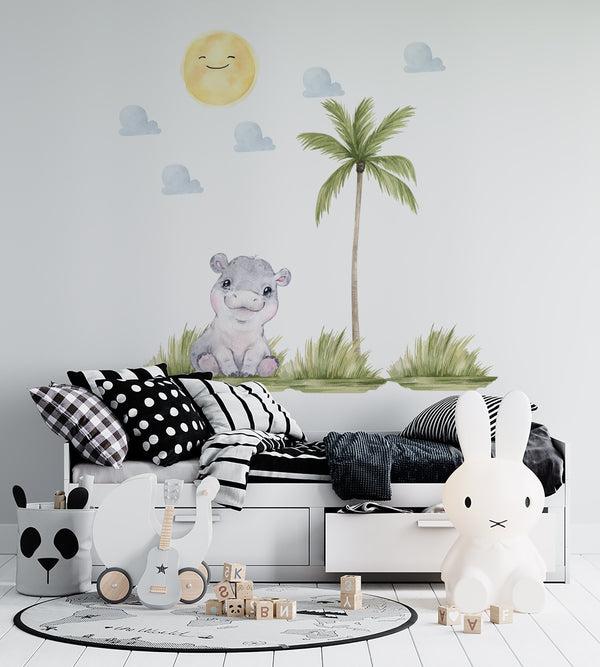 Safari Kinderzimmer Deko, Safari Wandaufkleber, Wandaufkleber, Nilpferd Wandaufkleber, Aufkleber Safari, Kinderzimmer Wandaufkleber, Wandaufkleber zum Abziehen und Aufkleben
