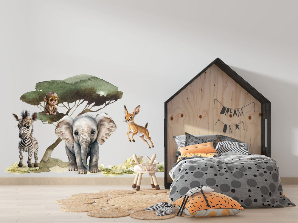 Sweet Little African Animals safari wall decal set – Lion Set and Elephant Set with tiny baby animals, trees and grass, perfect nursery decor by Igibee