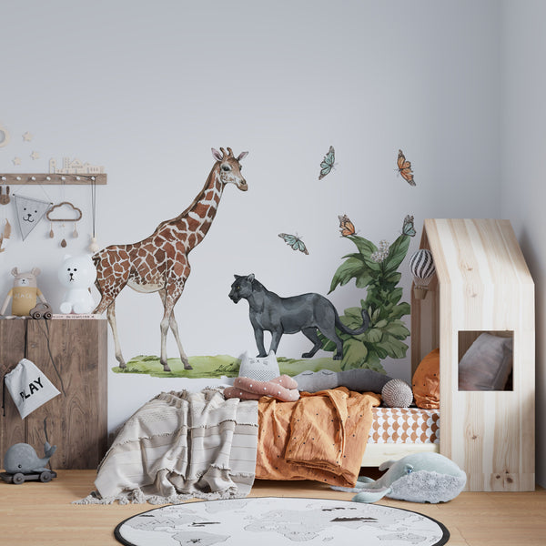 Jungle wall decal collection: black panther, butteflies & giraffe