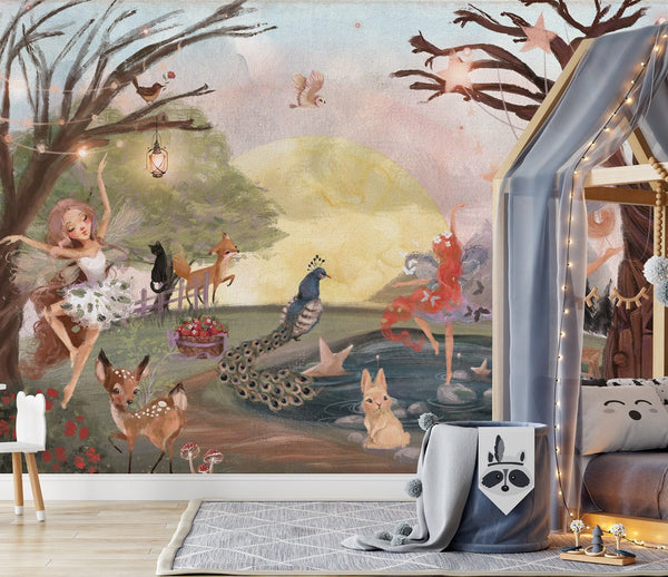Dancing fairy in enchanted forest glade - self-adhesive wall mural for girls bedroom by Igibee