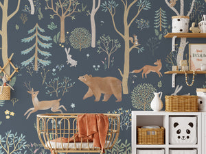 Dark forest animals woodland creatures wall mural - atmospheric nursery wallpaper by Igibee