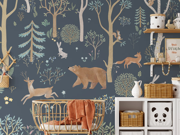 Dark forest animals woodland creatures wall mural - atmospheric nursery wallpaper by Igibee