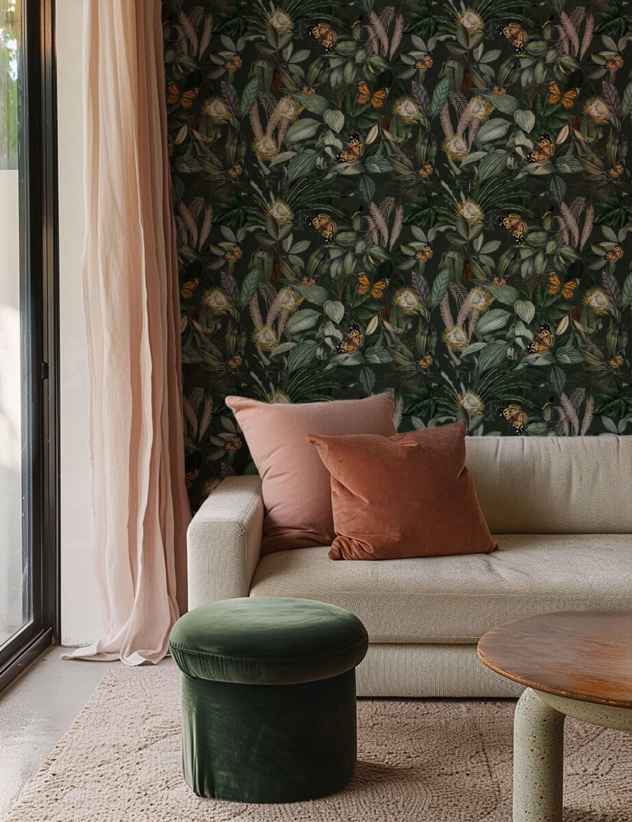 Dark botanical wallpaper with butterflies by Igibee