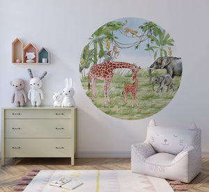 Window to African land with giraffe and elephants with their babies - 3 sizes of wall decal available