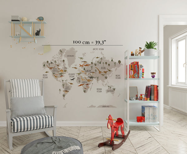 Self-adhesive map with dinosaurs