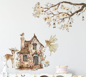 Fairy cottage, deer and blooming branch wall decals in beige pastels by Igibee