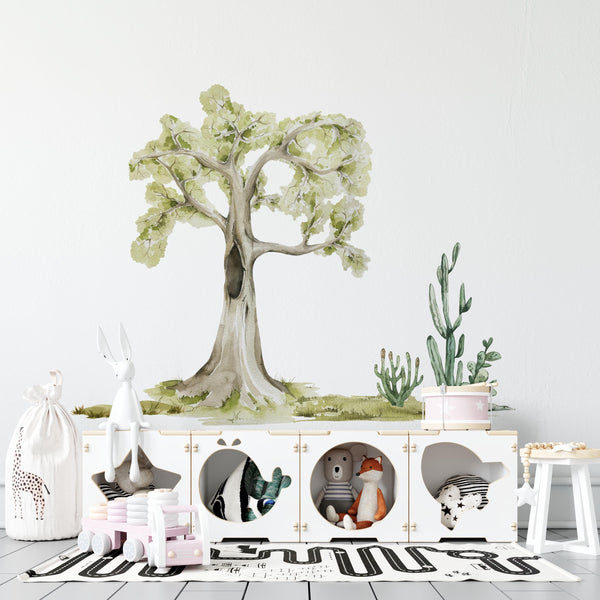 Desert oasis with green tree and cactus wall decals - natural elements collection peel and stick for kids room by Igibee