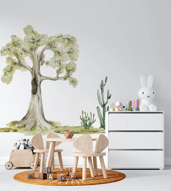 Desert oasis with green tree and cactus nature wall decals - elements collection peel and stick by Igibee