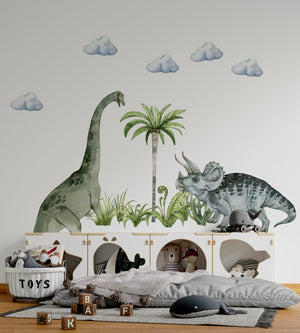 Dinosaur land adventure scene wall stickers - 3 large sheets prehistoric decor for kids room by Igibee