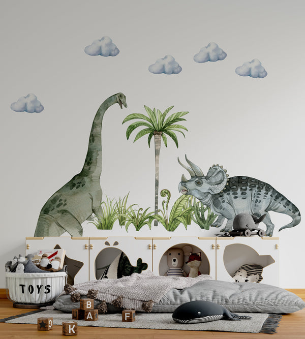 Dinosaur land adventure scene wall stickers - 3 large sheets prehistoric decor for kids room by Igibee