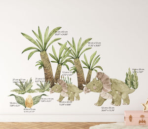 Přehled velikostí palem, triceratopsů a rostlin v sadě samolepek „Dinosauří země"