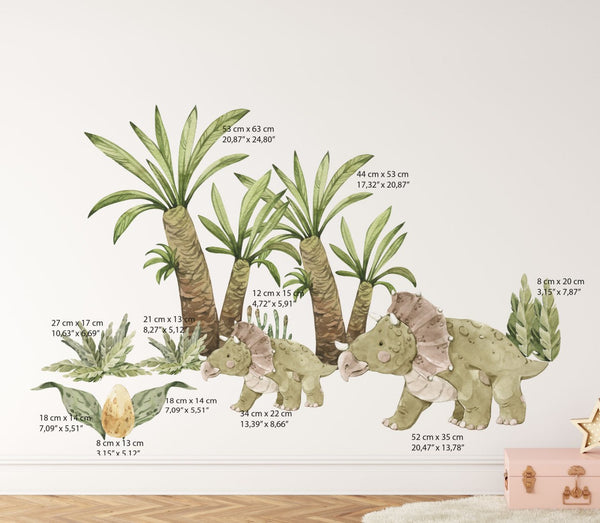 Přehled velikostí palem, triceratopsů a rostlin v sadě samolepek „Dinosauří země"