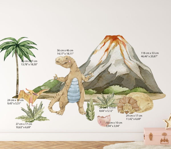 Sada samolepek na zeď „Dinosauří země" s velikostí každého prvku v centimetrech a palcích