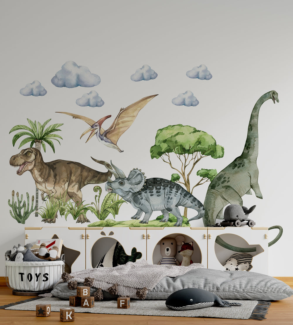 Dinosaur land wall stickers - 3 large sheets of removable stickers for kids room by Igibee