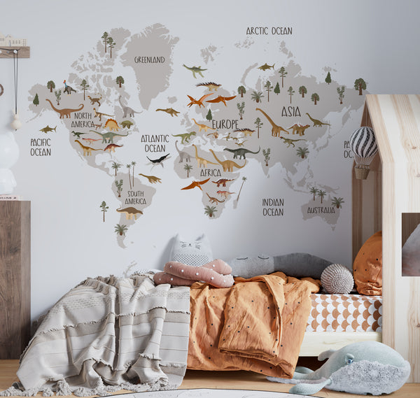 Self-adhesive dinosaur map wall decals - educational prehistoric world stickers for kids room by Igibee