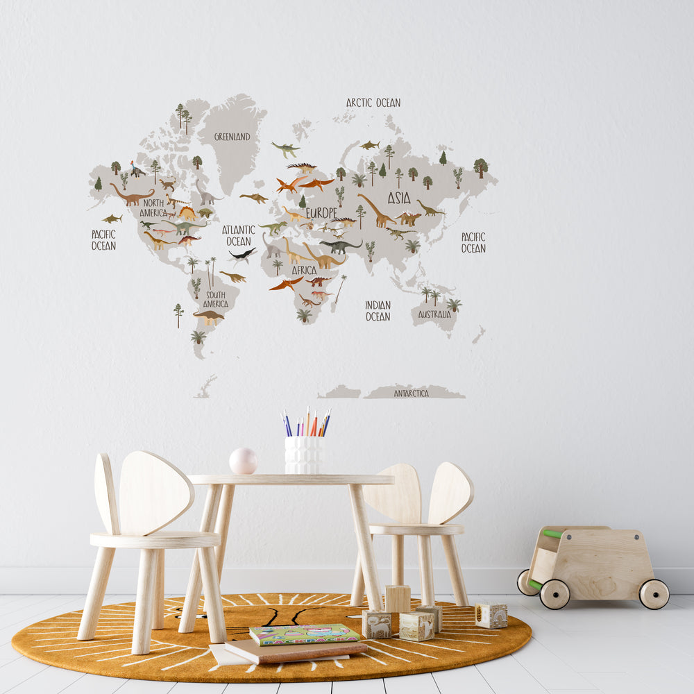 Dinosaur map wall decals - prehistoric world adventure with T-Rex and triceratops for kids room by Igibee