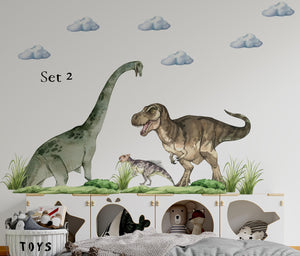 Dinosaur wall decals set - triceratops, T-Rex, sauropods with volcanoes for kids room by Igibee