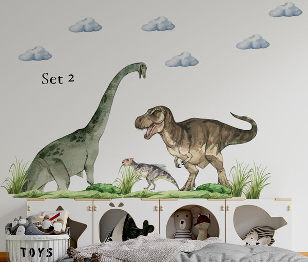 Dinosaur wall decals set - triceratops, T-Rex, sauropods with volcanoes for kids room by Igibee