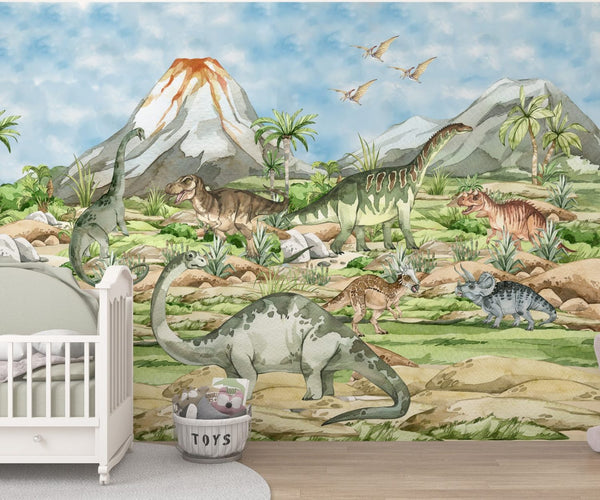 Colorful dinosaur wallpaper for kids room with volcano scene by Igibee