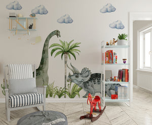 Diplodocus and Triceratops dinosaur wall stickers - prehistoric adventure decals for kids room by Igibee