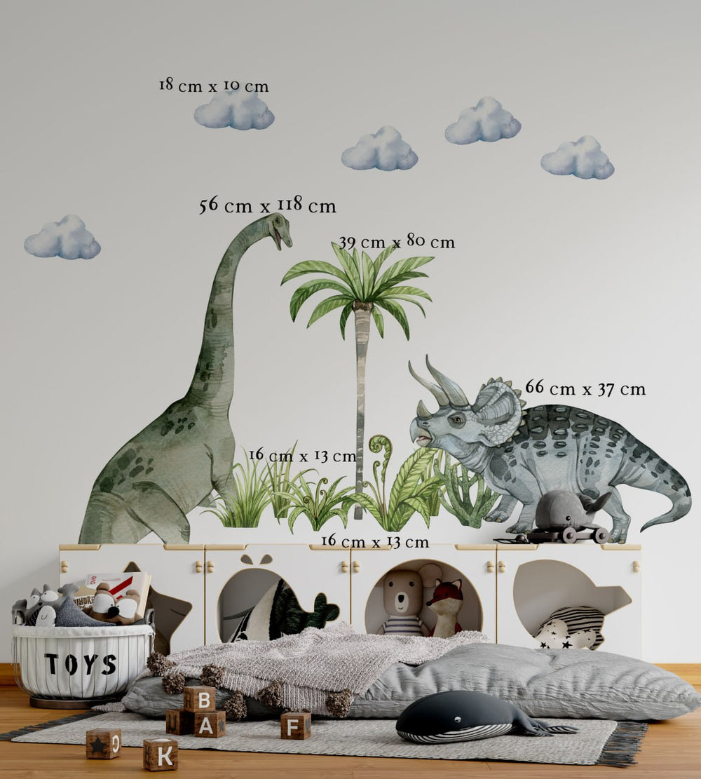 Triceratops and Diplodocus dinosaur wall stickers - prehistoric themed decor for kids bedroom by Igibee
