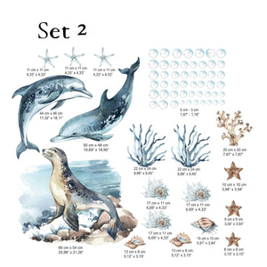 Sea animals big set wall decals - dolphins, seal and shark peel and stick for kids room by Igibee