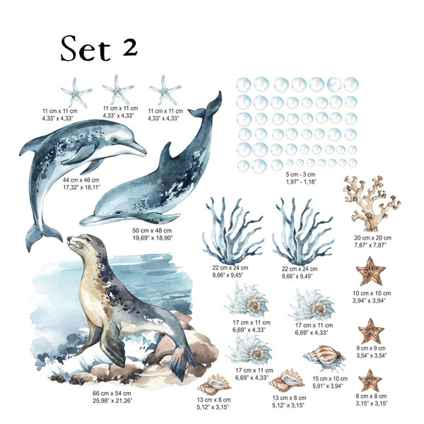 Sea animals big set wall decals - dolphins, seal and shark peel and stick for kids room by Igibee
