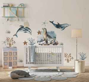 Ocean mammals wall decals - dolphin whale seal sea animals peel and stick for nursery by Igibee