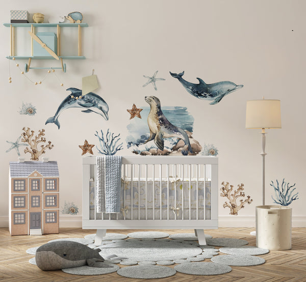 Ocean mammals wall decals - dolphin whale seal sea animals peel and stick for nursery by Igibee