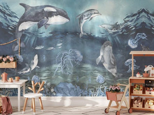 Marine lagoon custom wallpaper with dolphins - underwater ocean scene for kids room by Igibee